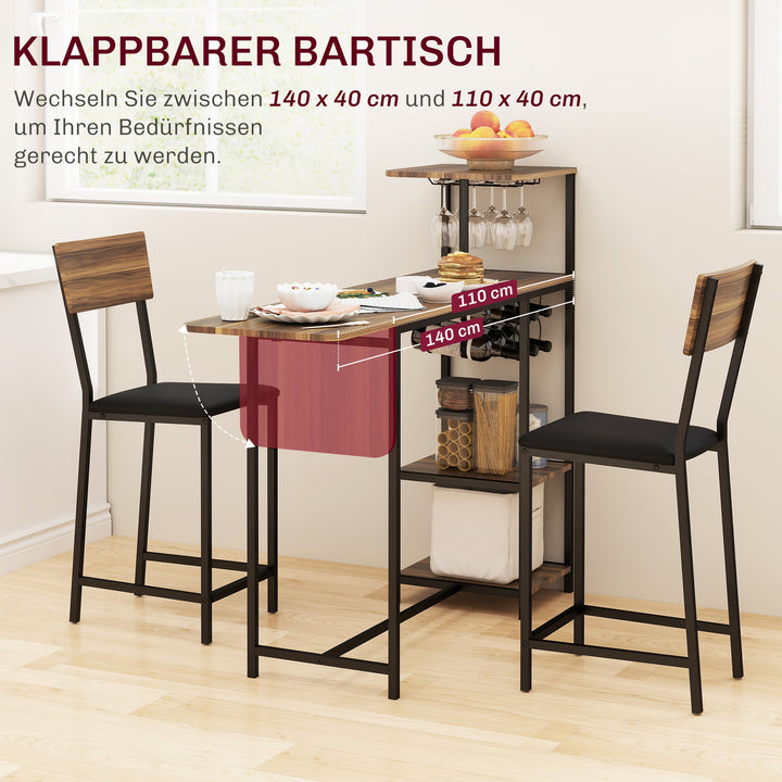 3-Delt barbordssæt, 1 barbord, 2 stole, med vinreol, glasholder, åbne hylder, fodstøtter, brun