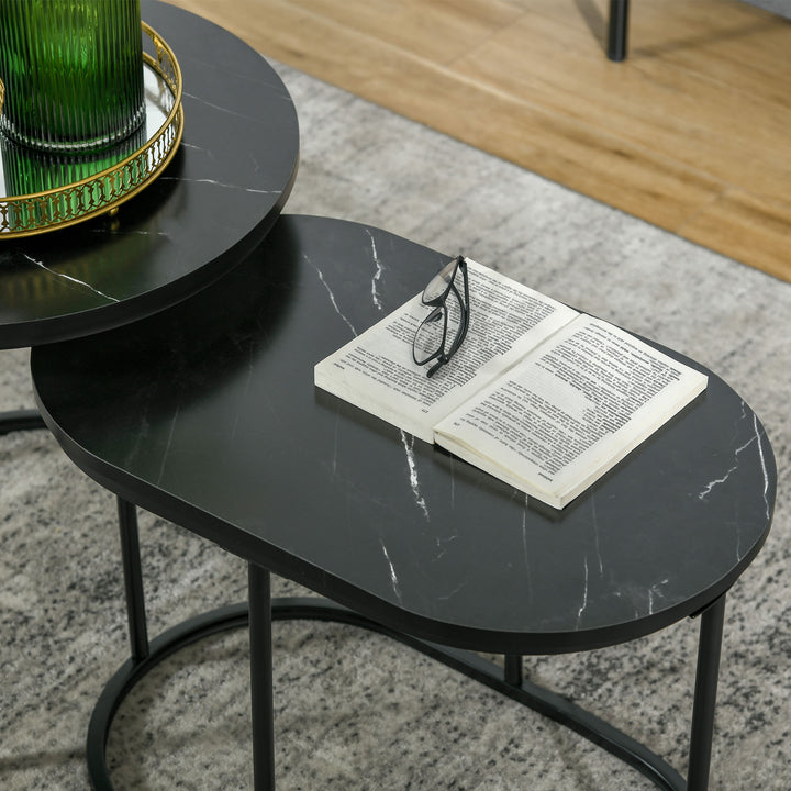 Sæt med 2 sofaborde, ovale og runde, stabelbare, marmorlook, mdf, metal, ø50 x 50,5h cm, sort