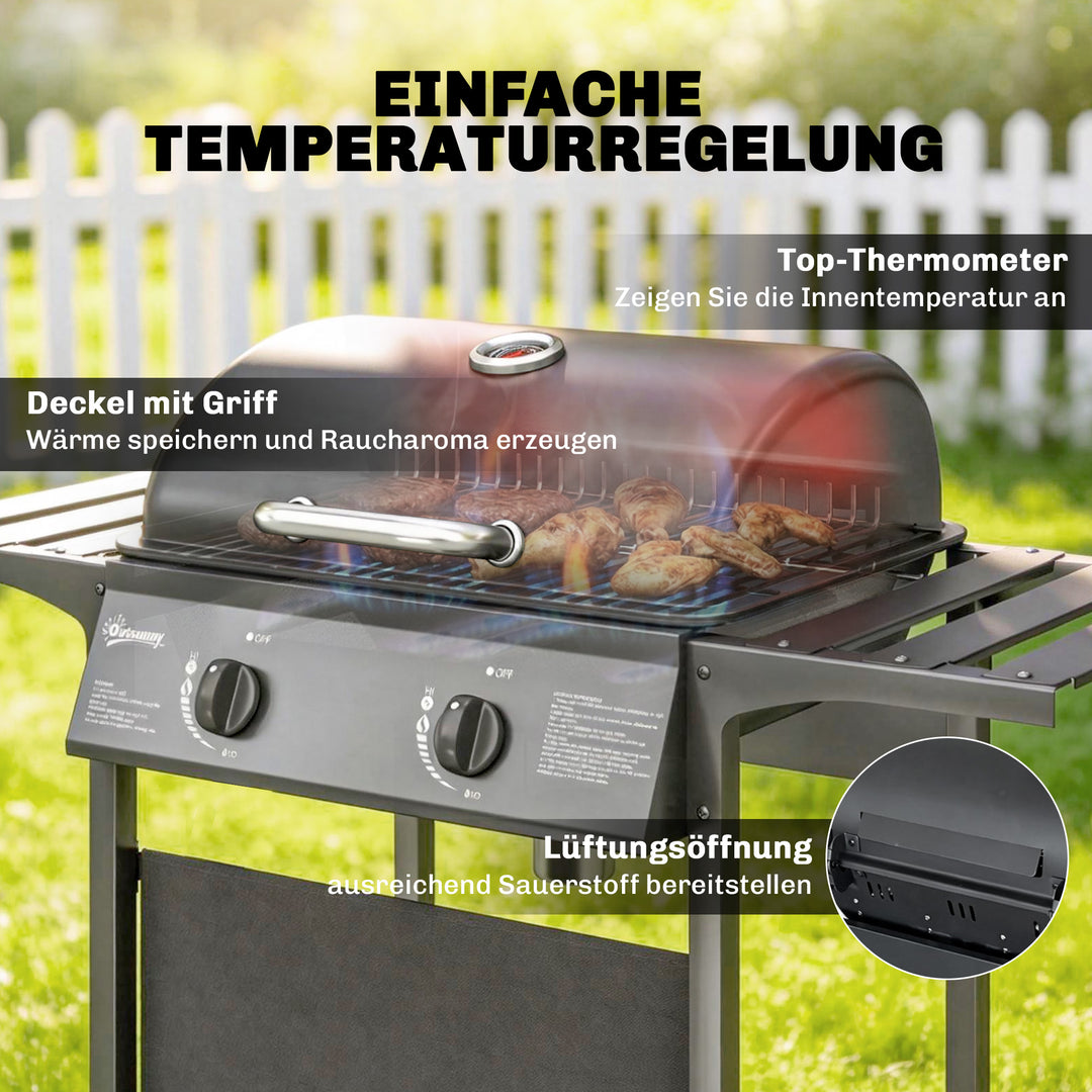 Gasgrill 5 KW 2 brændere BBQ grillvogn rustfrit stål inkl. sidebord, nederste kurv, frontlåg, termometer, emaljeret grillrist