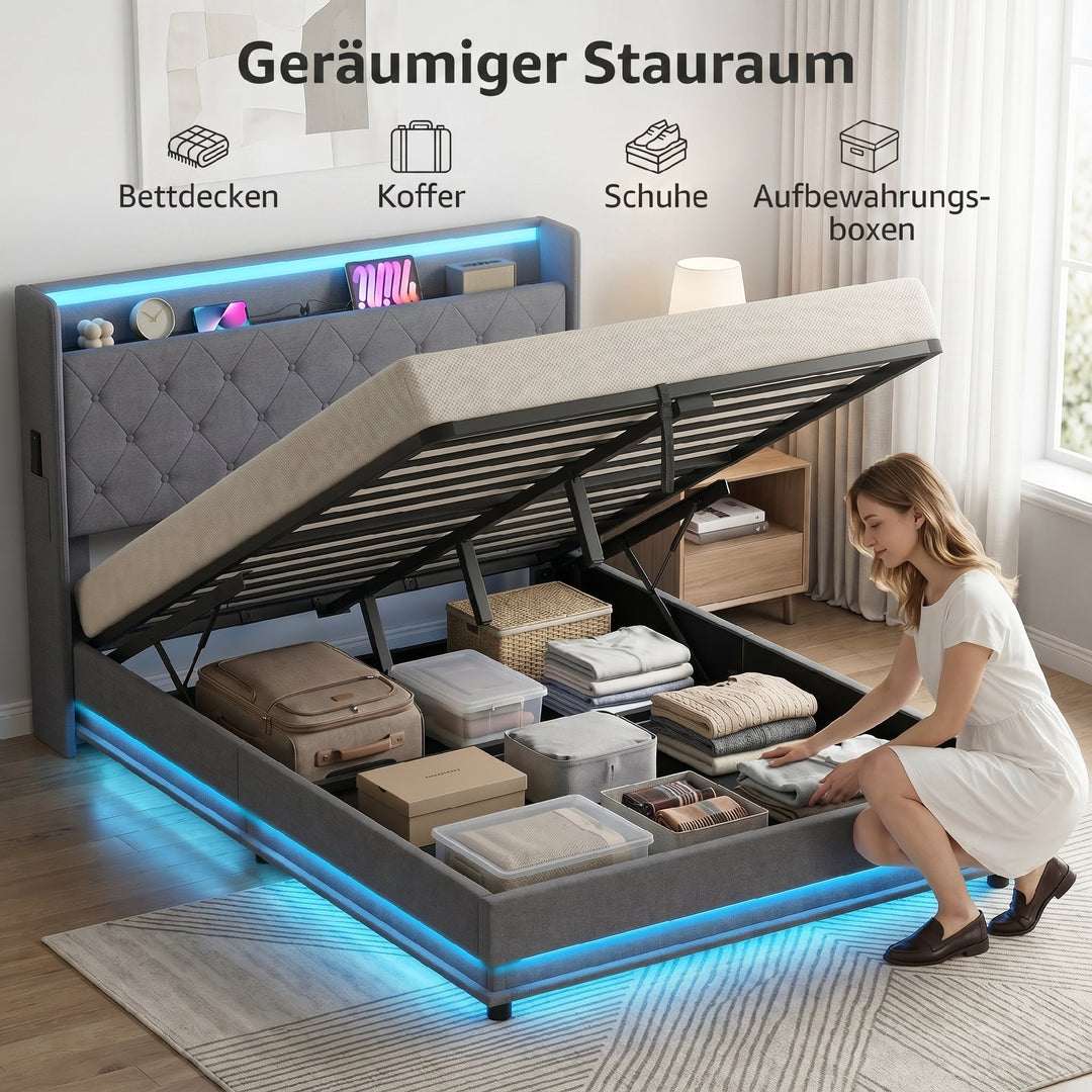 Sengestel 140 x 200 cm med hoved- og fodgærde, platformseng med hydraulisk opbevaring, LED-lys