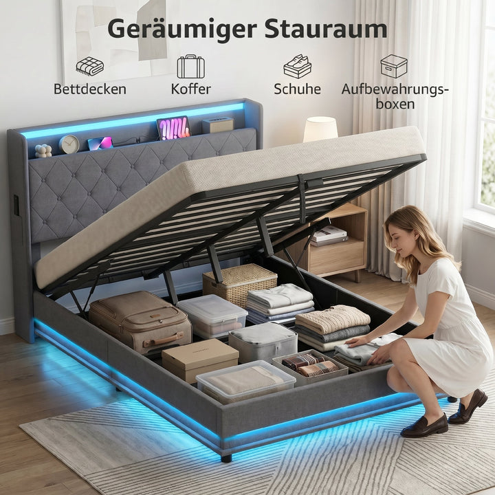 Sengestel 140 x 200 cm med hoved- og fodgærde, platformseng med hydraulisk opbevaring, LED-lys