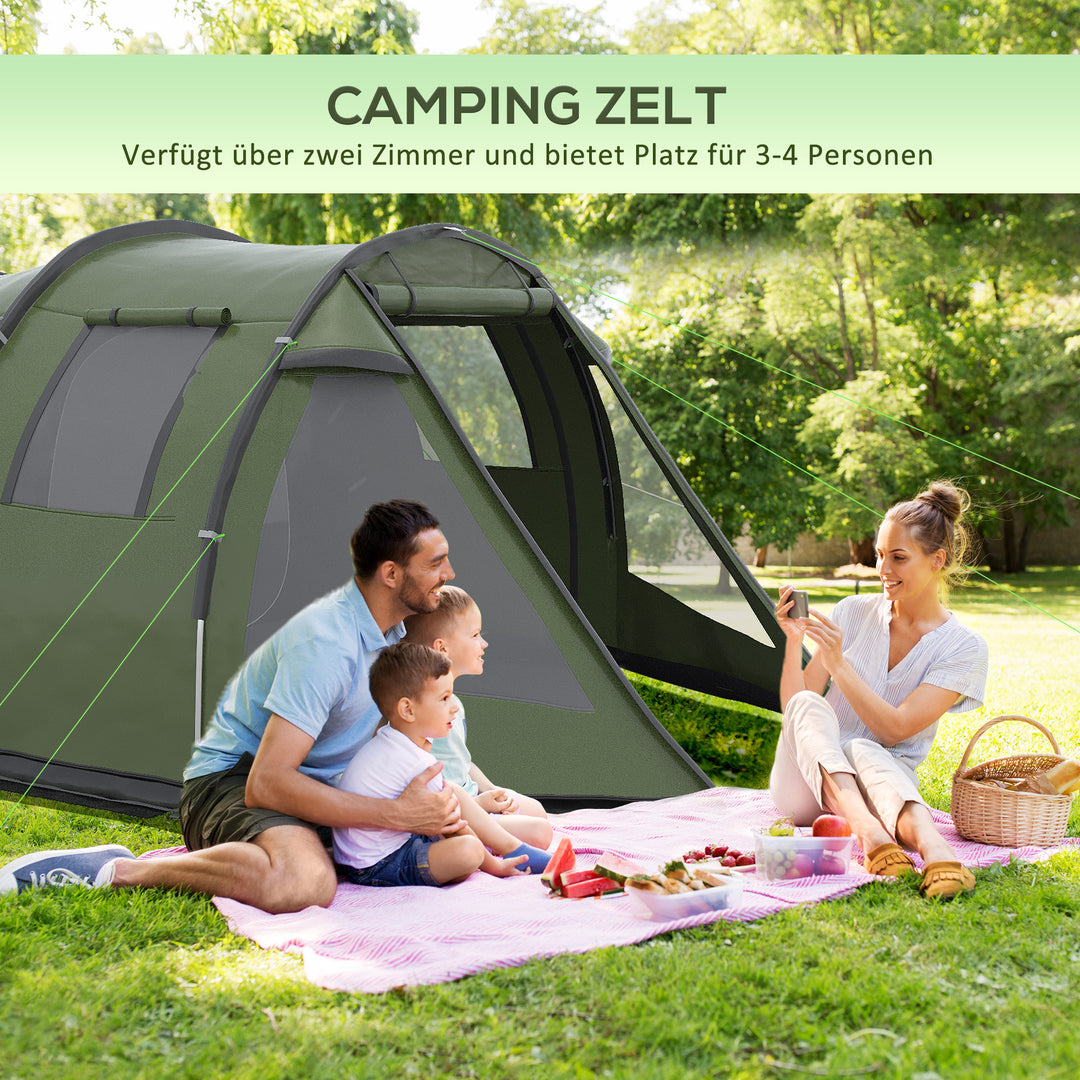 Campingtelt til 3-4 personer, to indvendige rum, netvinduer, grøn, 4,75 x 2,64 x 1,72 m