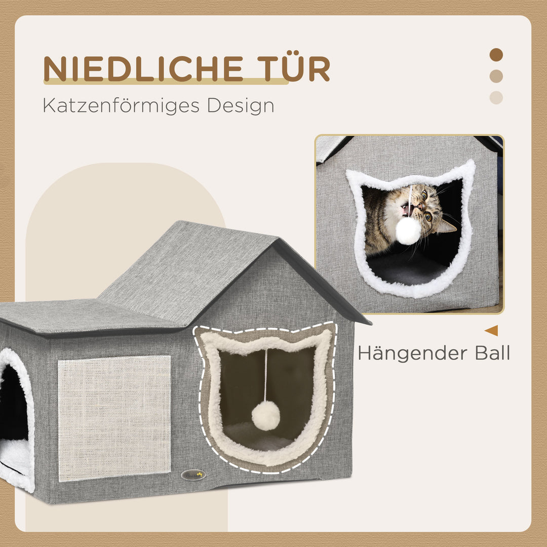 Kattehus med kradsetræ, inklusive legebold, kattehule, 65 cm x 41 cm x 45,5 h cm, brun + hvid + beige