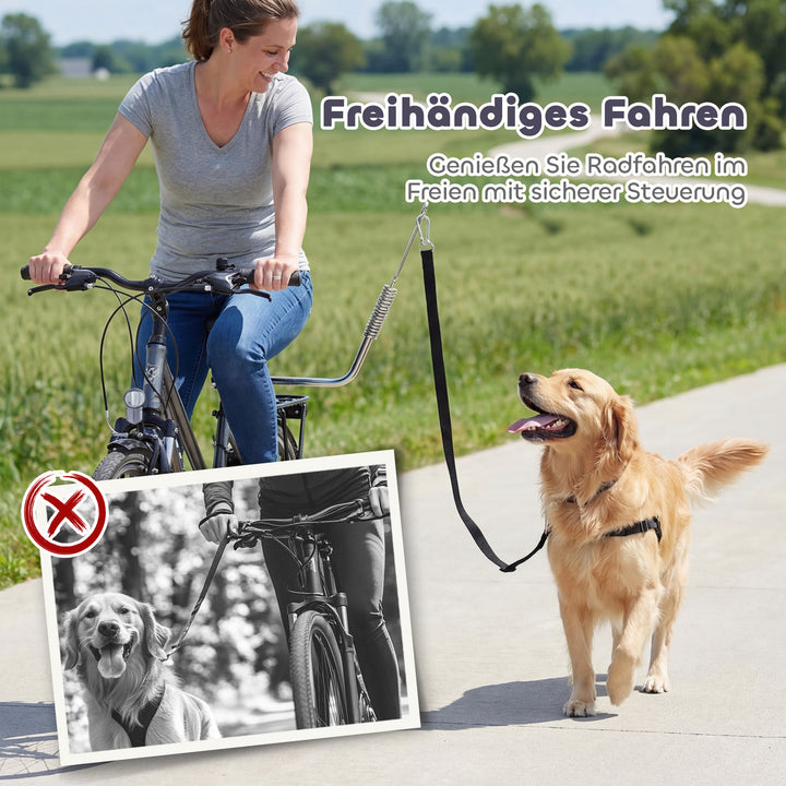 Hundesnor til cykel med støddæmpere, justerbar rem, aftagelig hurtigspænde til træning og jogging, sølv og sort.