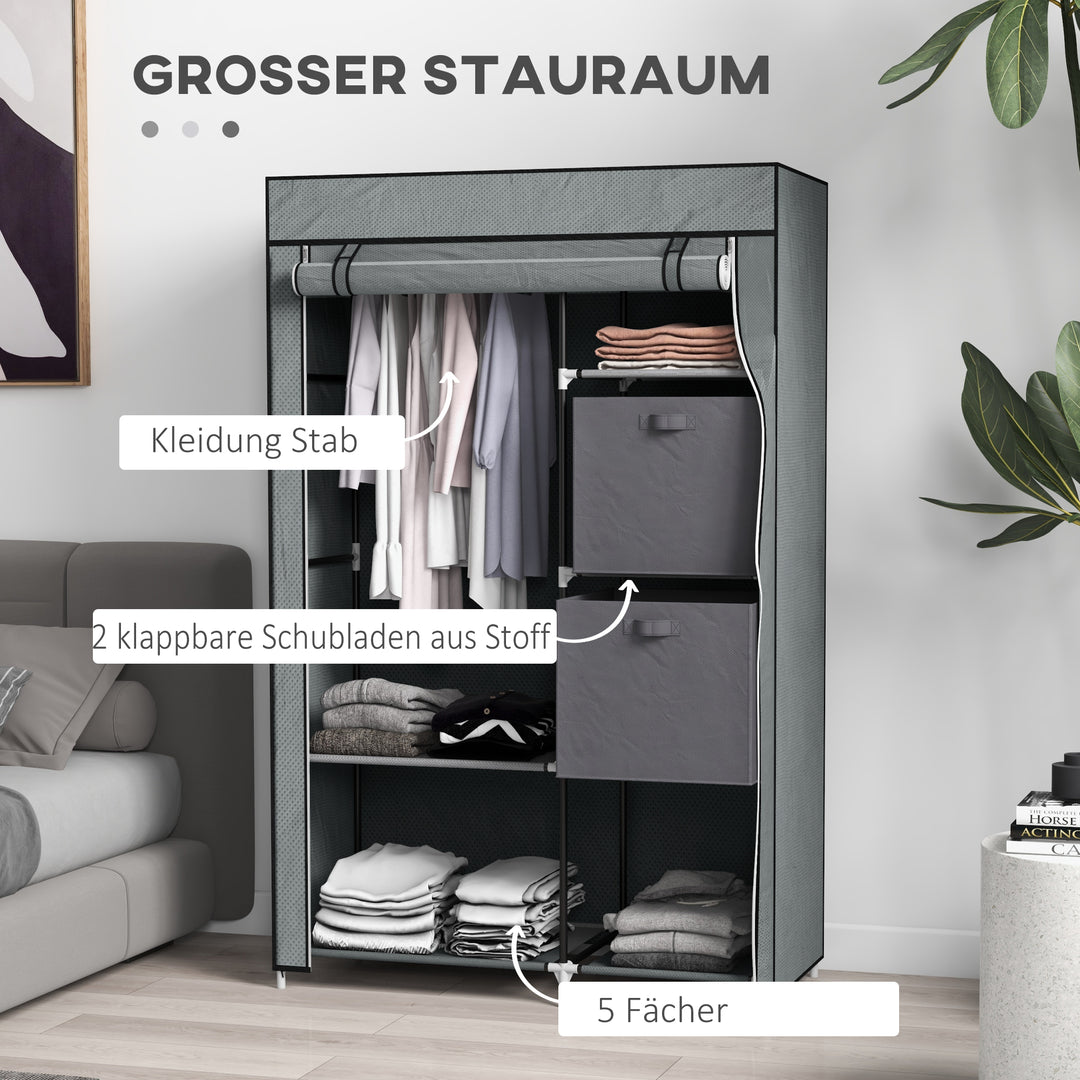 Stofgarderobe foldbart skab, 1 bøjlestang, 6 hylder, 102 x 42,5 x 162,5 cm, grå