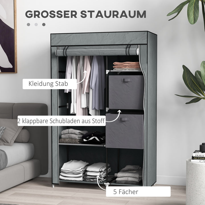 Stofgarderobe foldbart skab, 1 bøjlestang, 6 hylder, 102 x 42,5 x 162,5 cm, grå