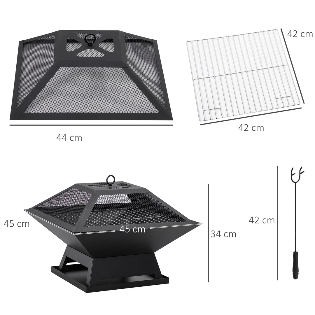Bålfad 45 x 45 x 34 cm lavet af rustfrit stål bålfad med gnistbeskyttelse poker bålfade bålkurv til have, balkon, grill camping sort