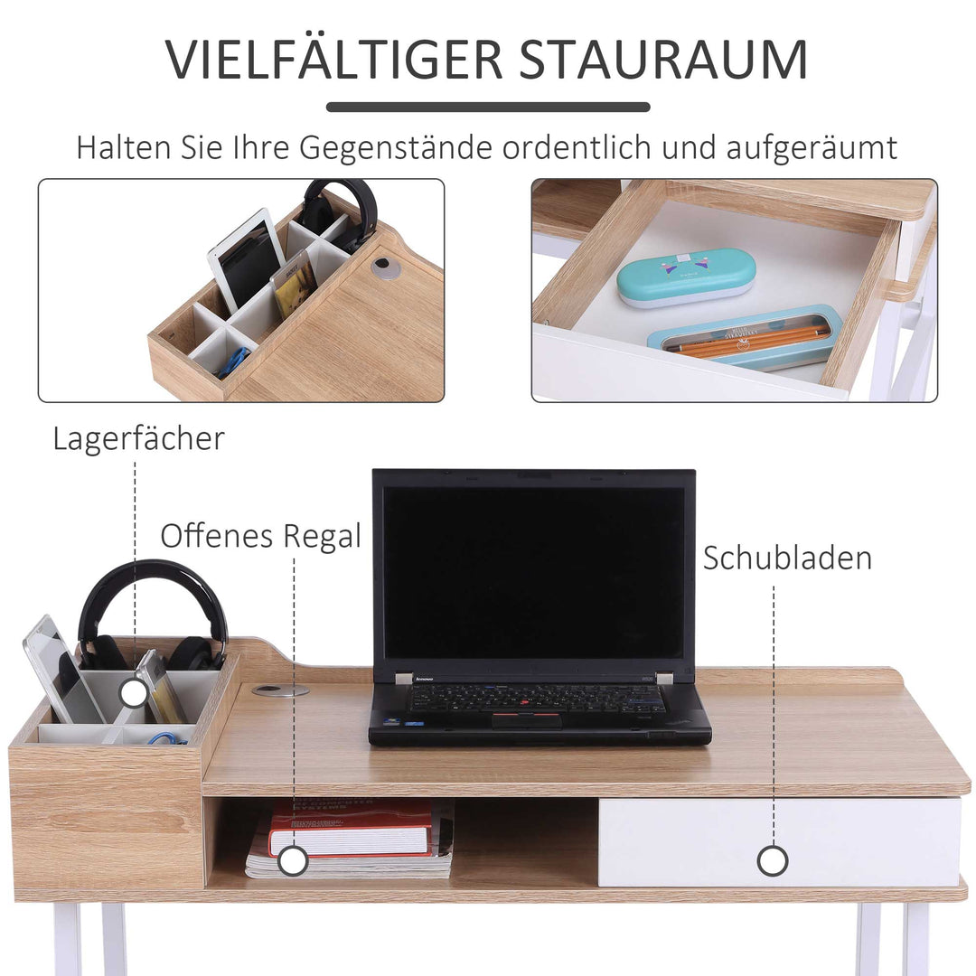 Skrivebord computerbord kontorbord arbejdsbord pc-bord alsidig med seks opbevaringsrum skuffe bred bordplade til studiekontor og kollegieværelse naturlig 100 x 55 x 81,5 cm