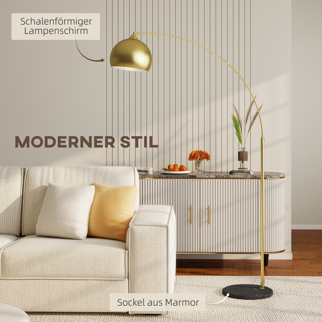 Bueformet gulvlampe, højdejusterbar, fodkontakt, marmorbase, 170-180 cm, guld/sort