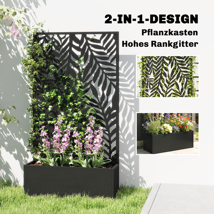 Blomsterkasse med afskærmning, plantekasse med espalier og tropiske bladmotiver, 61 x 23 x 113 cm, sort