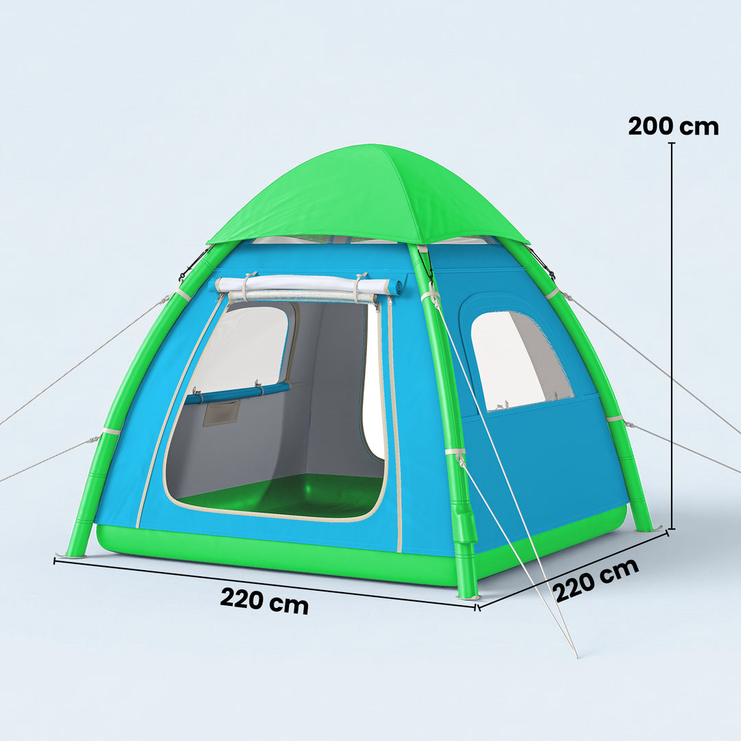 Oppusteligt 3-personerstelt, hurtig opsætning, udendørs campingtelt med luftpumpe, netvinduer, aftageligt tag