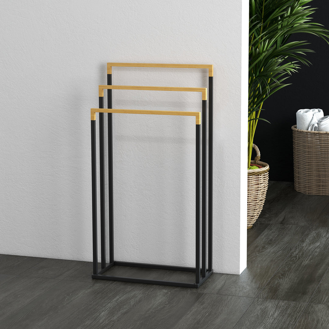 Kleankin håndklædeholder håndklædeholdersæt med 3 håndklædestænger, industrielt design, bambus, 45 x 22,5 x 86 cm, sort + naturlig