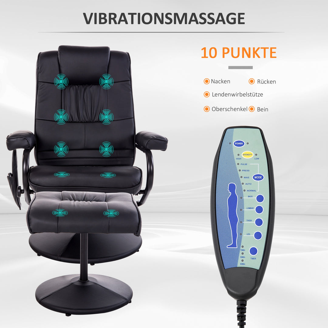 Massagestol med fodskammel, drejelig lænestol med massagefunktion, elektrisk TV-lænestol med lænefunktion, fjernbetjening til stuen, kunstlæder, sort