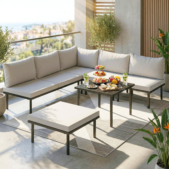 Lounge havemøbelsæt til 5-6 personer, haveloungesæt med 2-personers havesofa, 2 stole, hjørnestol, lamelbord og fodskammel.