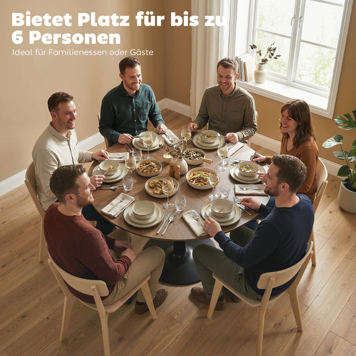 Rundt spisebord til 6 personer, 110 cm. Moderne køkkenbord med piedestal til stuen, brun træstruktur.