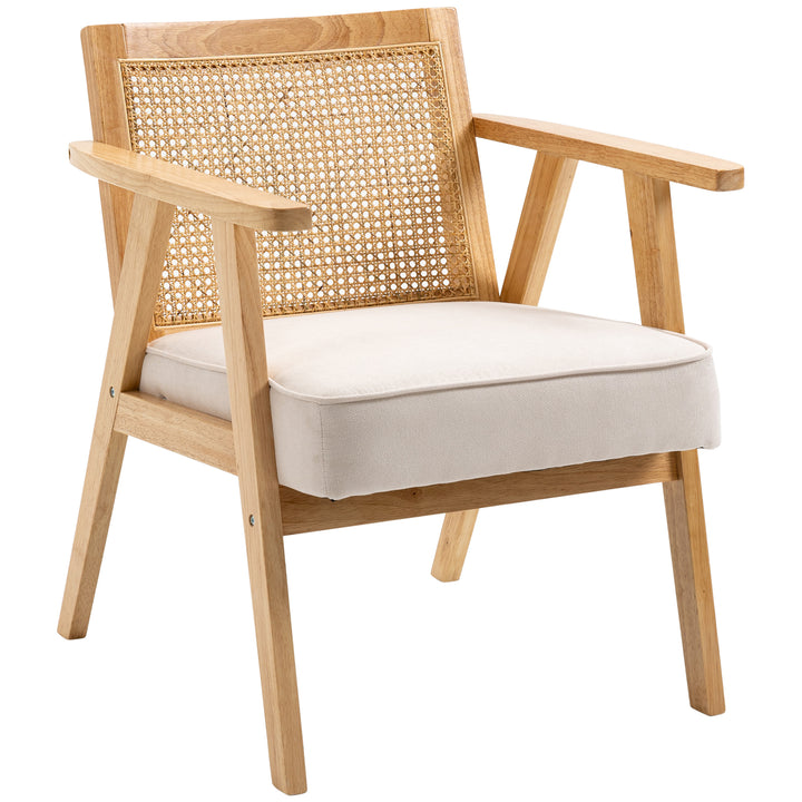 Eksotisk polstret stol, gummitræ, sædehynde med hørlook, 63l x 69b x 78h cm, cremehvid