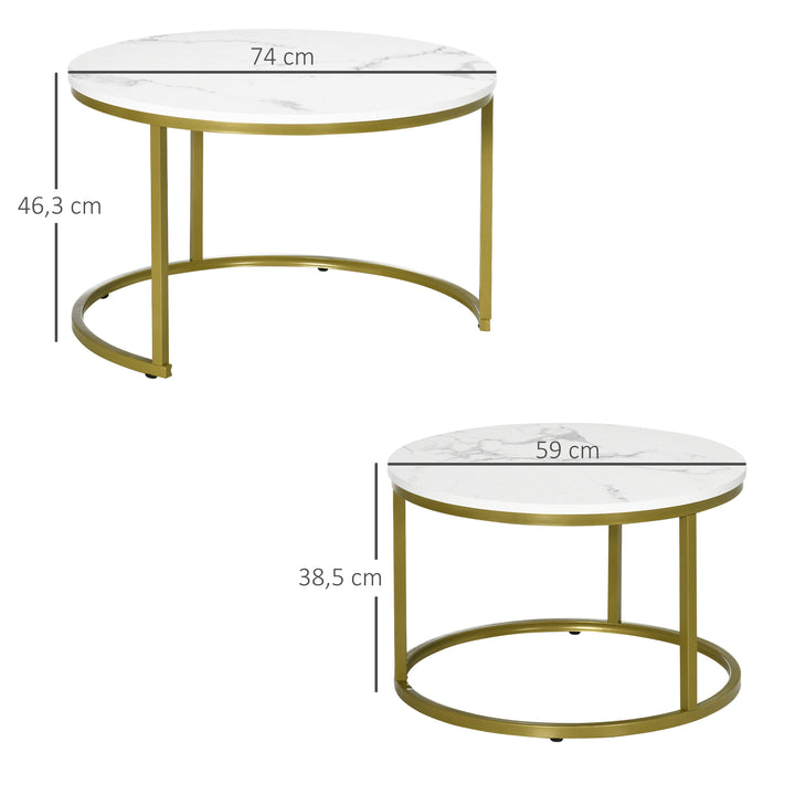 Sidebordsæt, 2 indskudsborde, 74 og 59 cm, marmorlook, guldramme