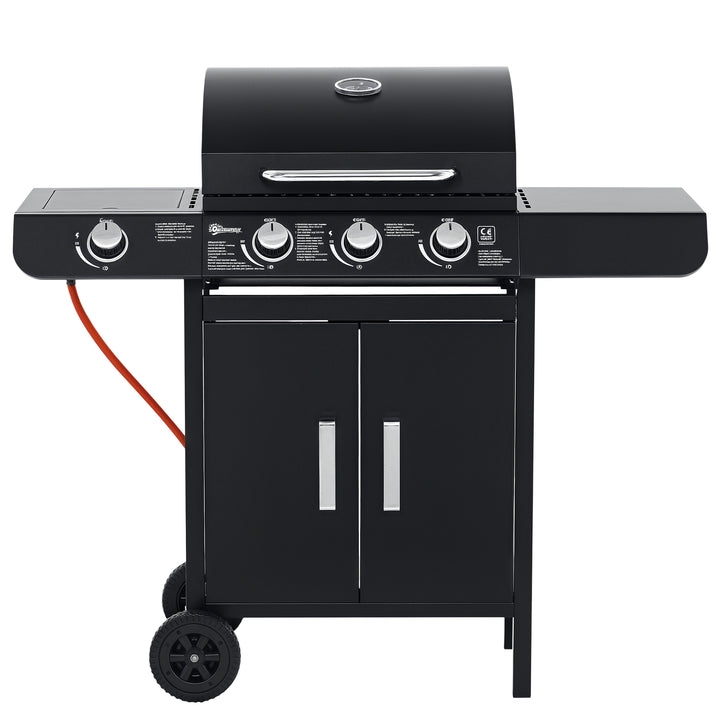 Gasgrill med 3 hovedbrændere + 1 sidebrænder, opbevaringshylde, rustfrit stål, sort, 110 x 50 x 100 cm