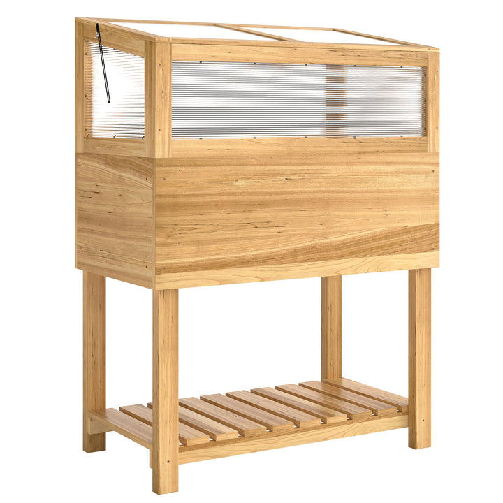 Højbed med træramme, hævet plantekasse med hængslet låg, hylde, fiberdug, ergonomisk design