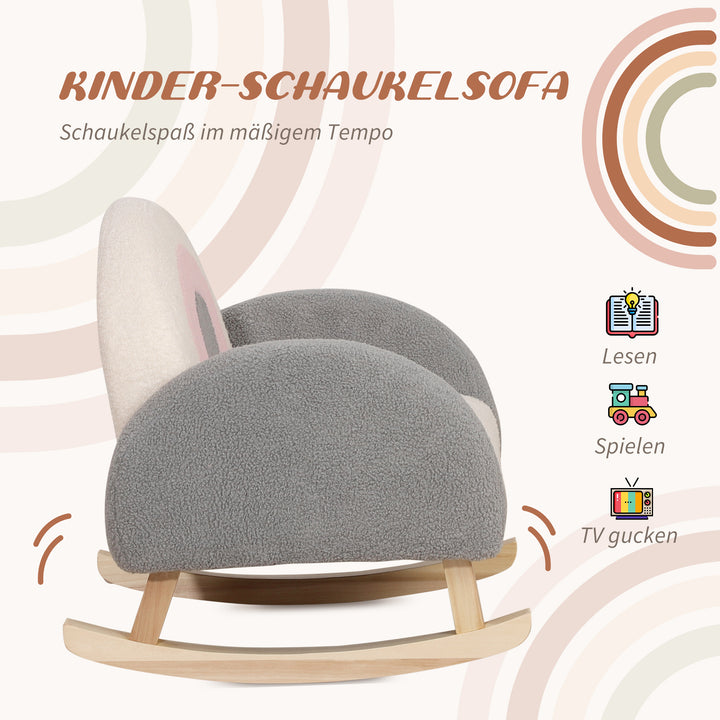 Gyngestol til småbørn, sødt design, kunstigt fåreskind, eukalyptustræ, 50 x 45 x 44 cm, grå+lyserød+creme