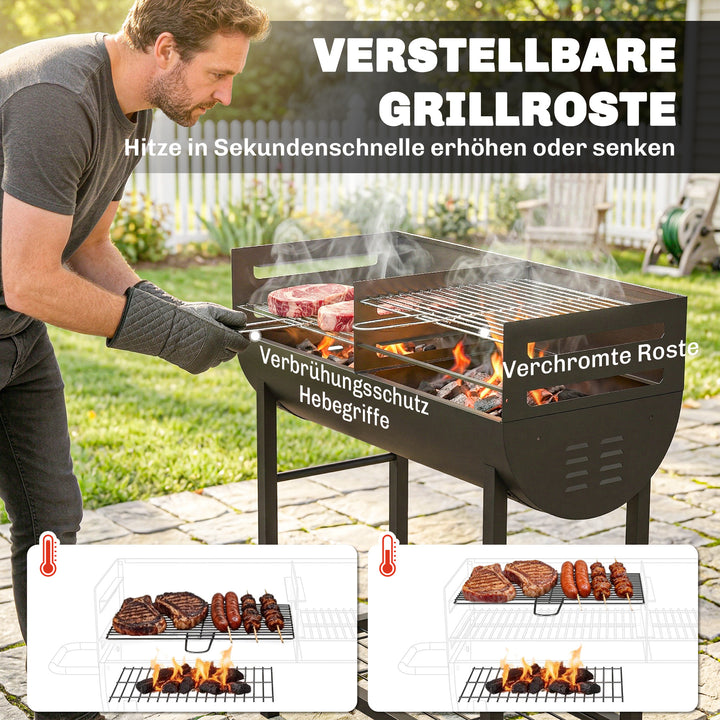 Kulgrillvogn med 2 grillzoner, højdejusterbar grillrist, træhylde, hjul, sidehåndtag, 103 x 46,5 x 100 cm