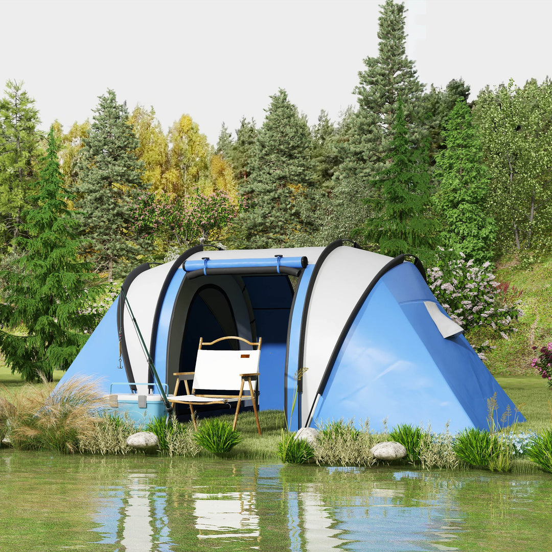 Campingtelt til 4-5 personer, let vandafvisende, familietelt med 3 værelser, sidedør, vindue, blå
