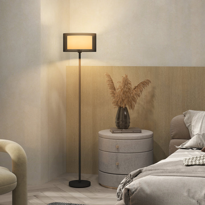 Gulvlampe, tofarvet lampeskærm, fodkontakt, metal, sort