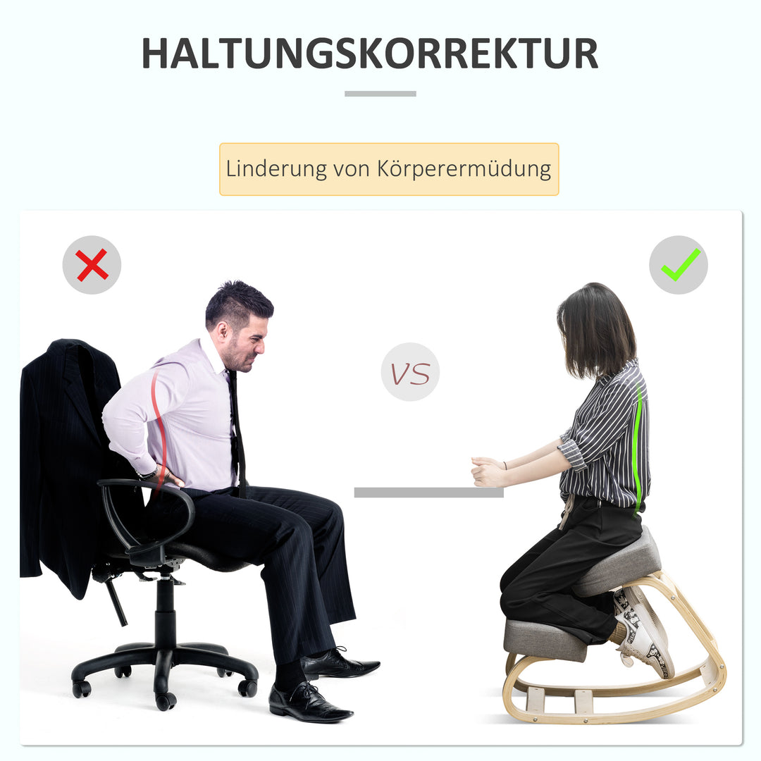 Knælestol, ergonomisk skammel, polstret skammel til sund siddestilling, birketræ, 120 kg lasteevne, grå
