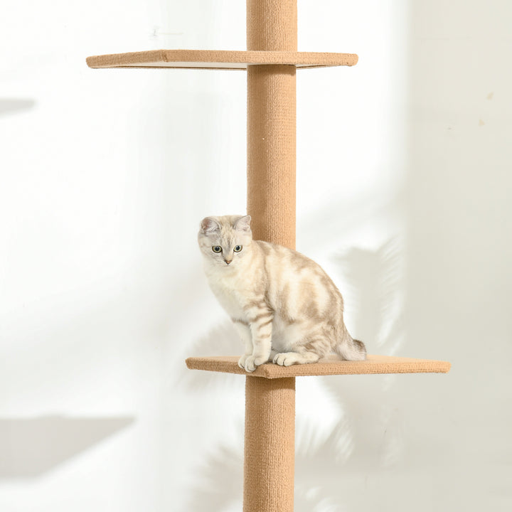 Kradsetræ lofthøjde, 228-260 cm højdejusterbart kradsetræ klatretræ til katte med 3 niveauer, kradsetræ til katte, legetræ fra gulv til loft lysebrun