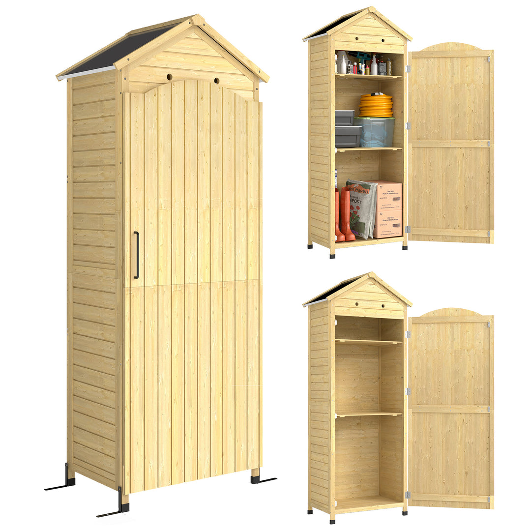 Haveskab i træ med justerbar hylde, magnetisk dør, galvaniseret tag, ventilation, 85x58x213 cm, naturtræ