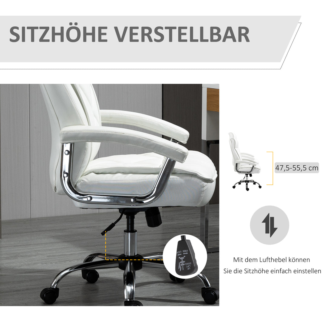 Kontorstol, ergonomisk skrivebordsstol, højdejusterbar drejestol med vippefunktion, diamantmønster, kunstlæder, polstret chefstol, hvid