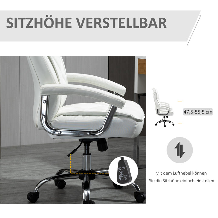 Kontorstol, ergonomisk skrivebordsstol, højdejusterbar drejestol med vippefunktion, diamantmønster, kunstlæder, polstret chefstol, hvid