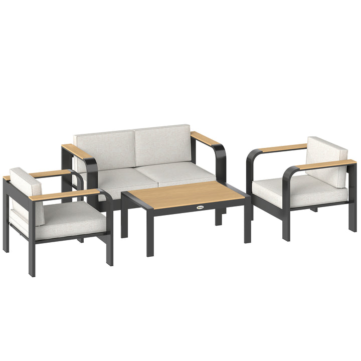 Havemøbelsæt, ekstra dybe sæder, med 2-personers sofa, 2 lænestole, WPC lamelbord, aluminiumsstel, beige