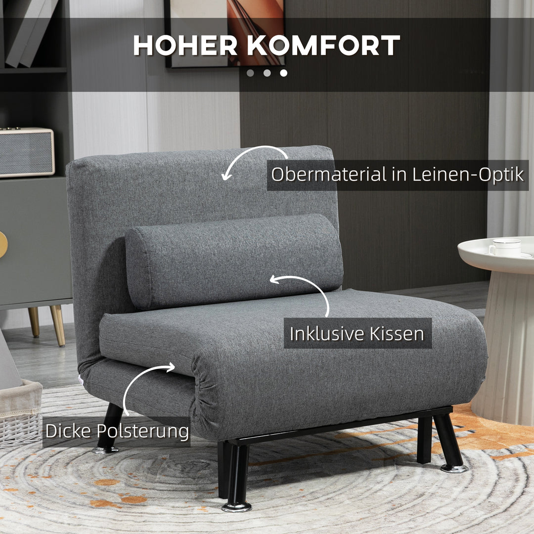 Stol med sengefunktion, foldbar afslapningsstol i linnedlook, justerbar ryglæn, 75 x 70 x 75 cm, mørkegrå