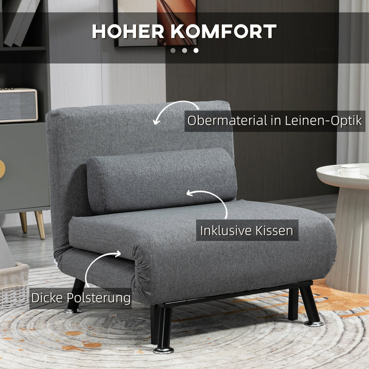 Stol med sengefunktion, foldbar afslapningsstol i linnedlook, justerbar ryglæn, 75 x 70 x 75 cm, mørkegrå