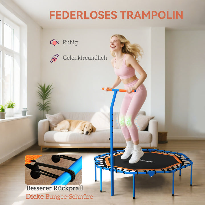 Fitnesstrampolin, træningstrampolin med justerbart håndtag, stabil og støjsvag, til indendørs brug, stål, blå