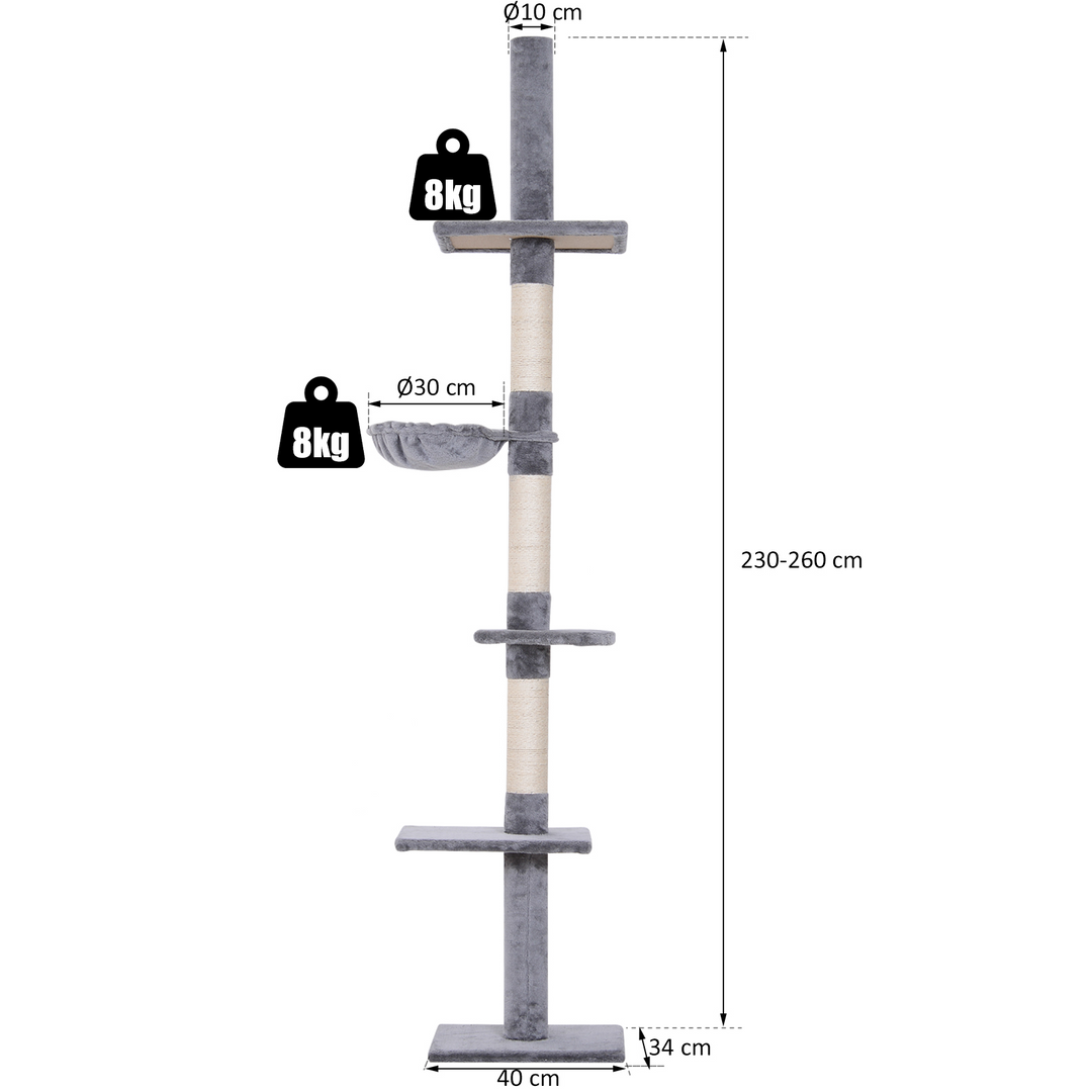 Lofthøjt, højdejusterbart kradsetræ, robust kradsetræ med sisalstolper, klatretræ til katte, gråt, 40 x 34 x 230-260 cm