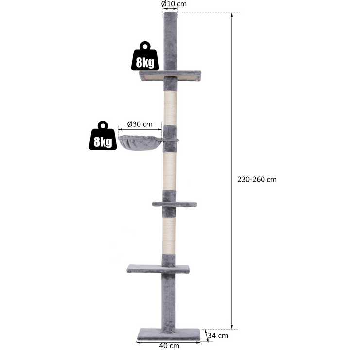 Lofthøjt, højdejusterbart kradsetræ, robust kradsetræ med sisalstolper, klatretræ til katte, gråt, 40 x 34 x 230-260 cm