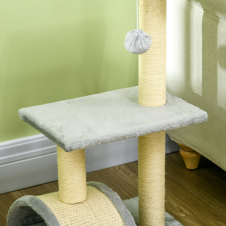 Kradsetræ 72 cm kattetårn med plysbolde, sisalstolper, platform, kradsebræt lysegrå