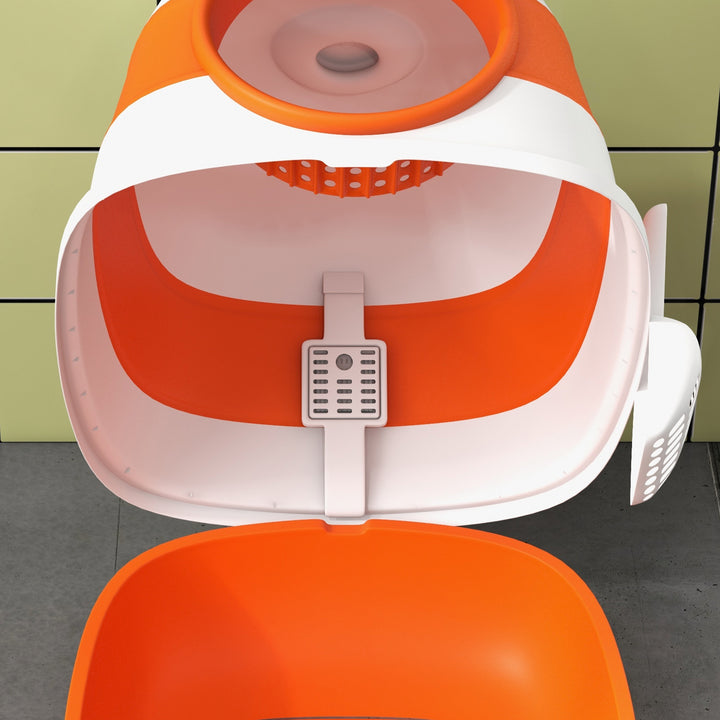 Kattebakke med låg og kattebakke, til katte op til 5 kg, 52 x 41 x 38 cm, hvid/orange