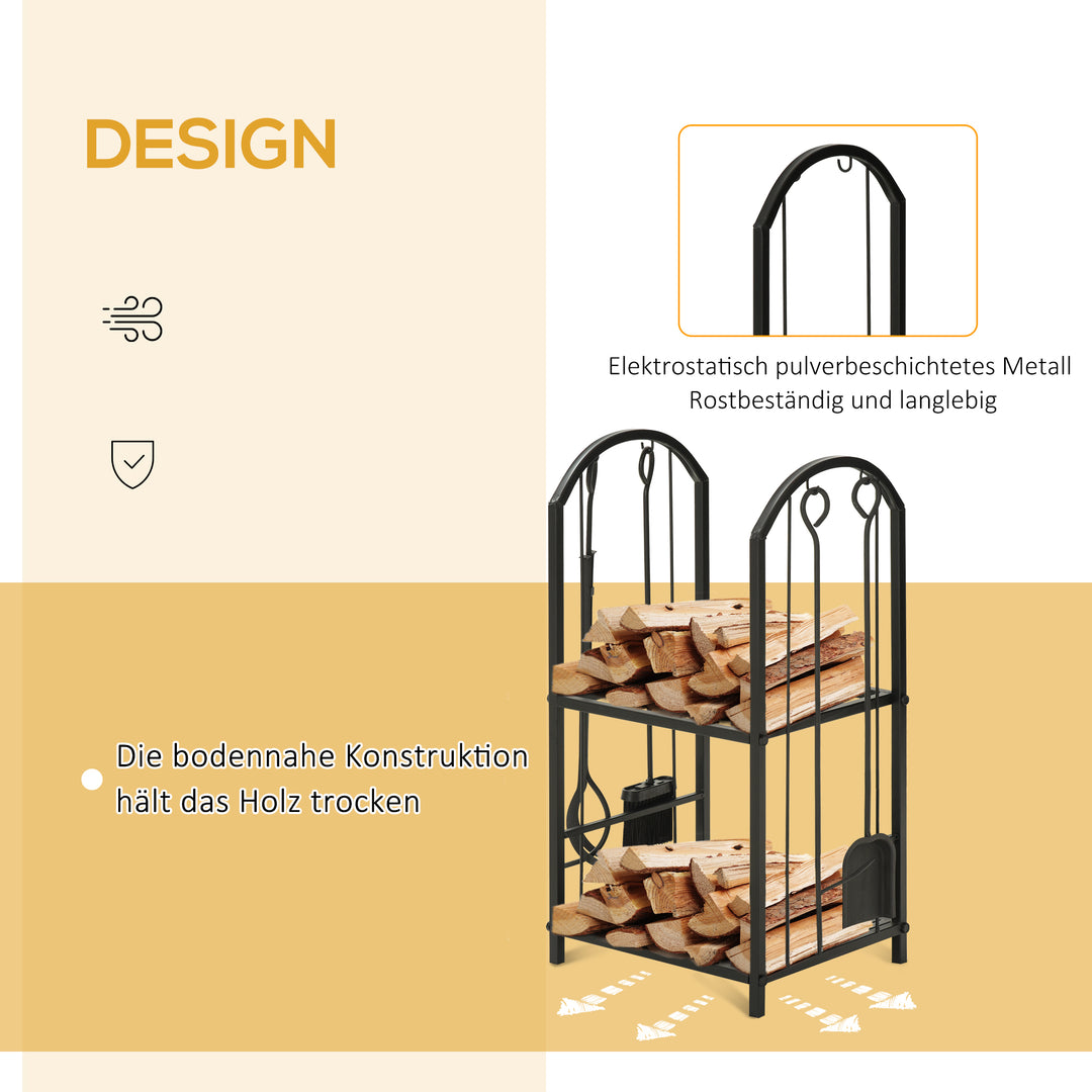 Brændestativ, brændestativ, brændestativ med 4 ekstra brændeværktøjer, pejsværktøj, 2-lags design, brændeopbevaring, pejsværktøj, metal, sort, 41,5 x 32,5 x 74,5 cm