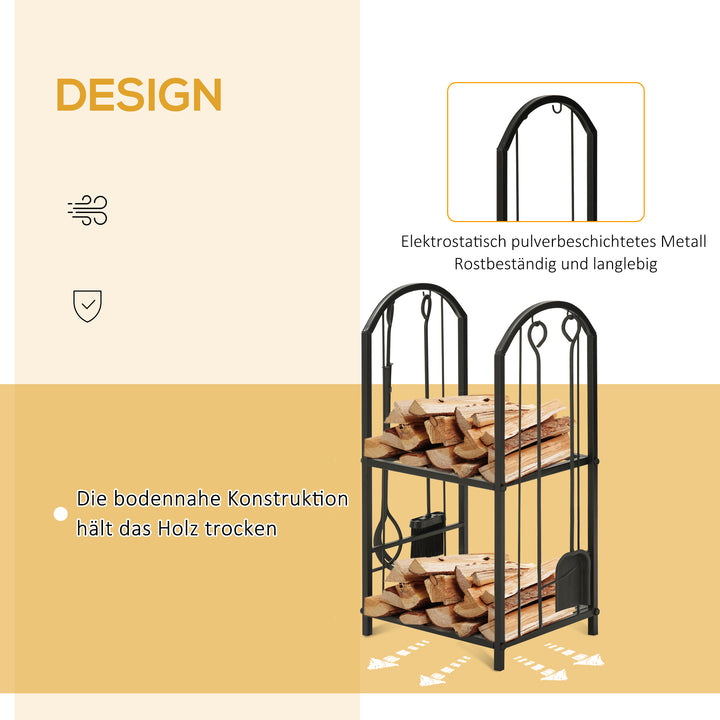 Brændestativ, brændestativ, brændestativ med 4 ekstra brændeværktøjer, pejsværktøj, 2-lags design, brændeopbevaring, pejsværktøj, metal, sort, 41,5 x 32,5 x 74,5 cm