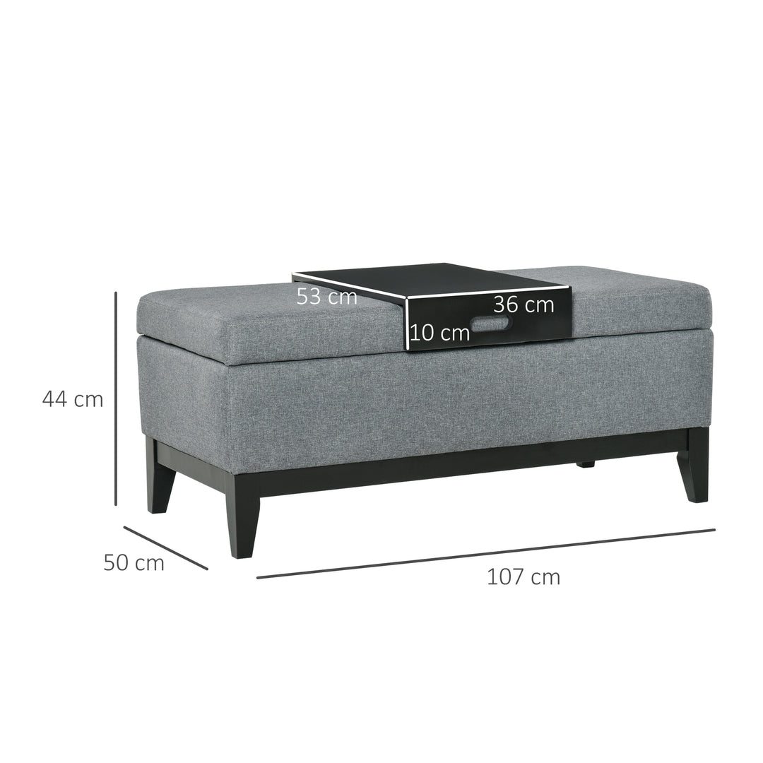 Opbevaringsbænk med aftagelig bakke, polstret bænk med linnedlook, kommode med træben, kommodebænk til stue, soveværelse, entre, 107 x 50 x 44 cm, mørkegrå