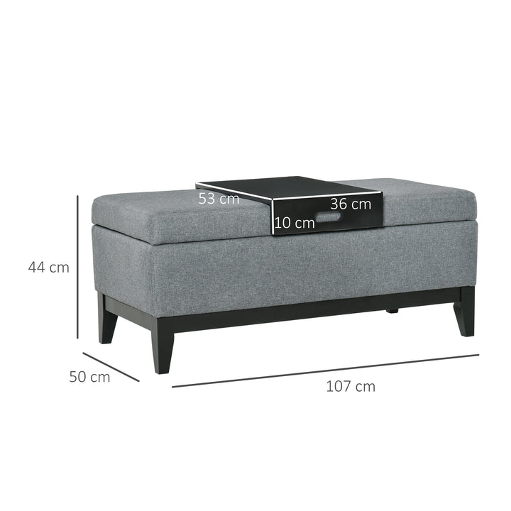 Opbevaringsbænk med aftagelig bakke, polstret bænk med linnedlook, kommode med træben, kommodebænk til stue, soveværelse, entre, 107 x 50 x 44 cm, mørkegrå