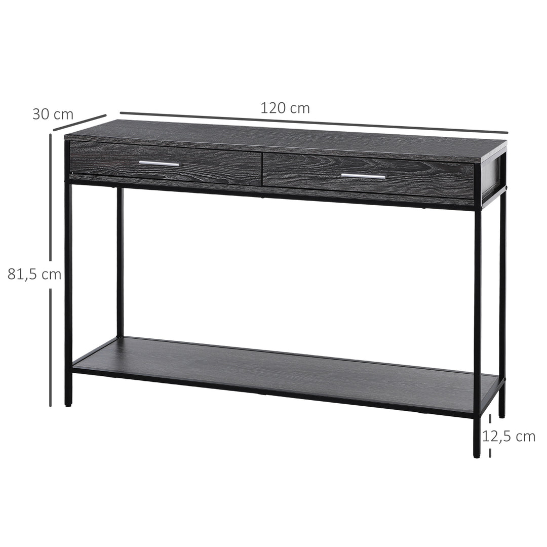 Konsolbord entrébord sidebord 2 skuffer underhylde stålgrå 120 x 30 x 81,5 cm