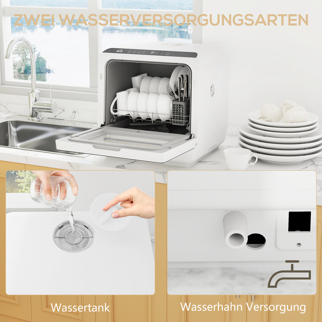 Mini opvaskemaskine med 6-liters tank, 5 programmer, led-display, tørrefunktion, hvid