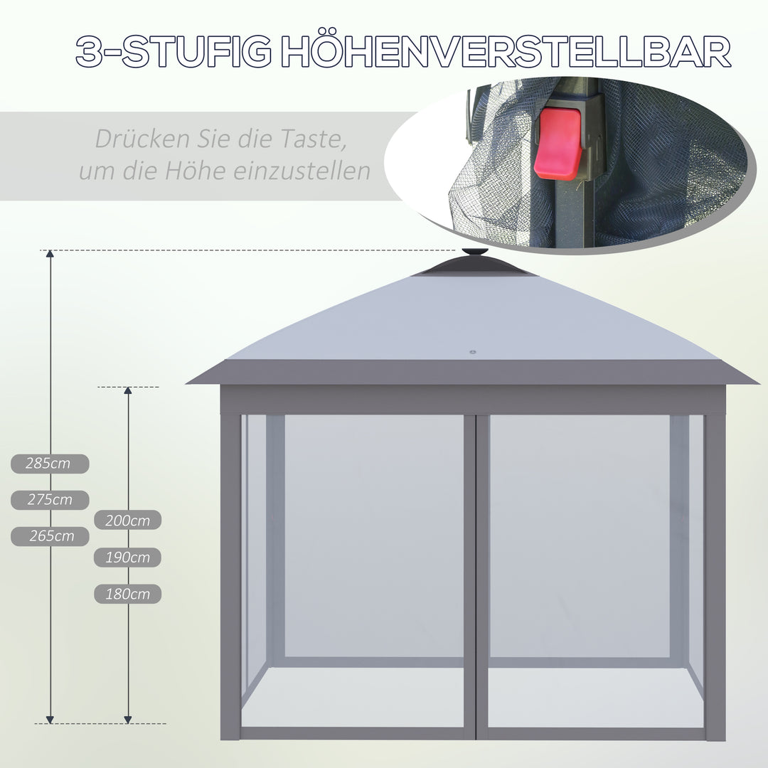 3,3 x 3,3 m foldbar pavillon med LED-belysning, netgardiner, bæretaske, grå
