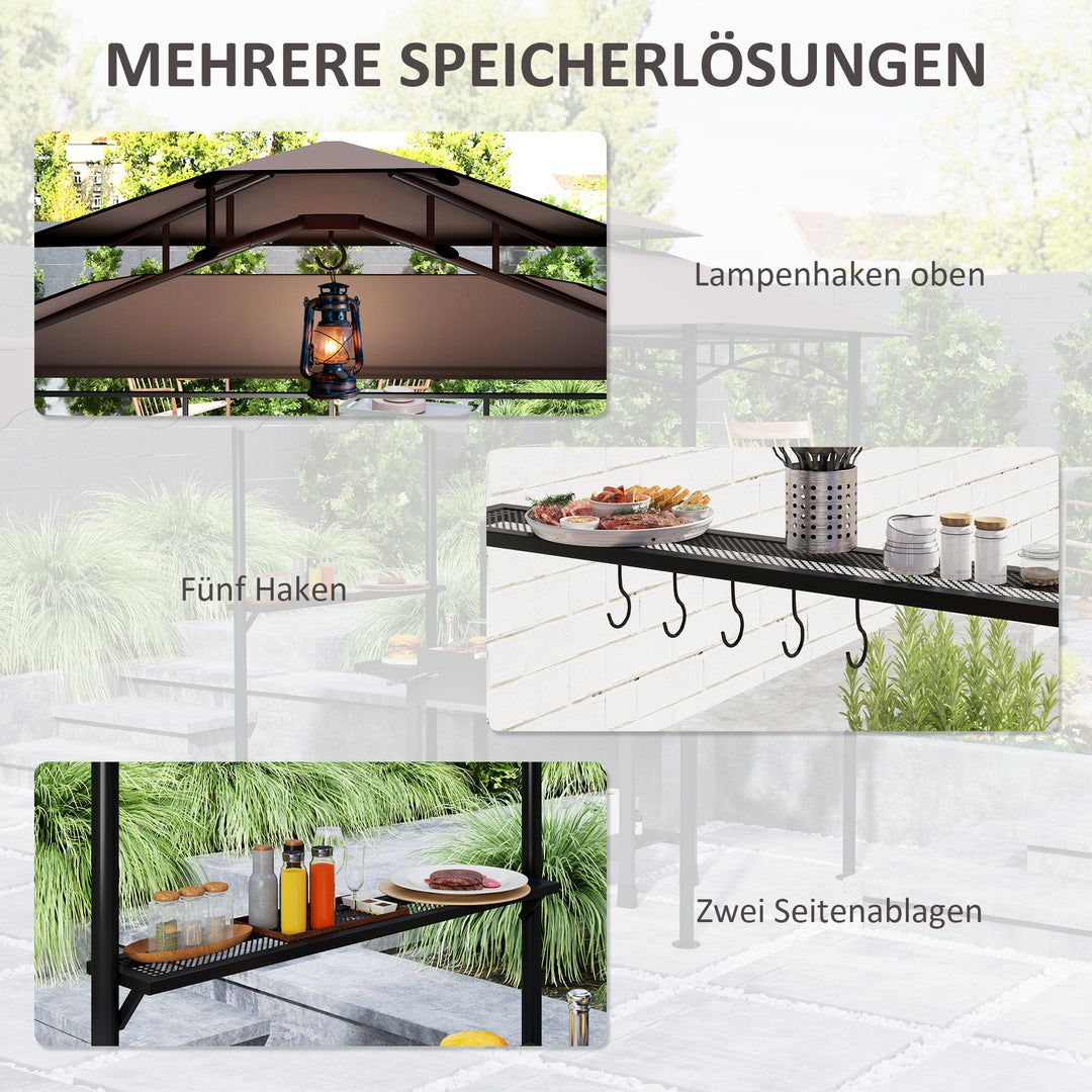 Grillpavillon 242x232x248 cm, vandafvisende, flammehæmmende, havepavillon med dobbeltlagstag, kaffe