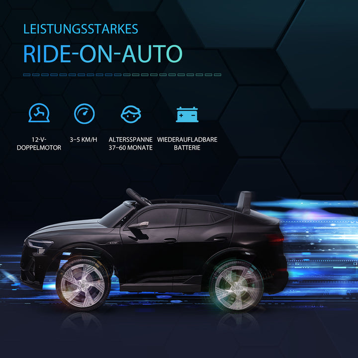 Elektrisk børnebil 12V elbil Audi E-tron elbil med fjernbetjening, sikkerhedssele, musik (MP3/USB/TF), børnebil til børn 3-5 år, 3-5 km/t, sort