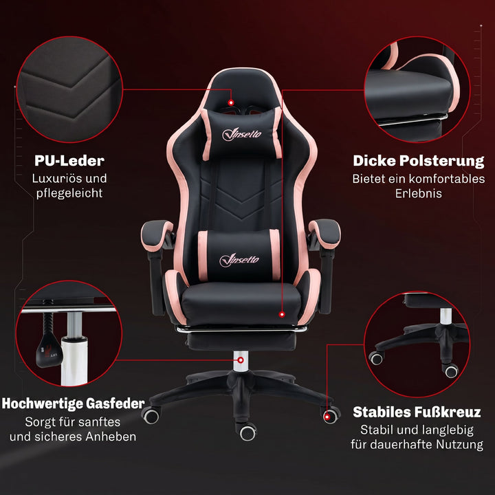 Kontorstol, gamingstol, 1 nakkestøtte, 1 lændestøtte, pink + sort